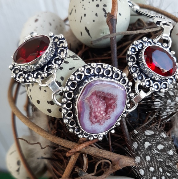 New Agate Druzy and Garnet 925 Silver Bracelet. - Picture 7 of 8
